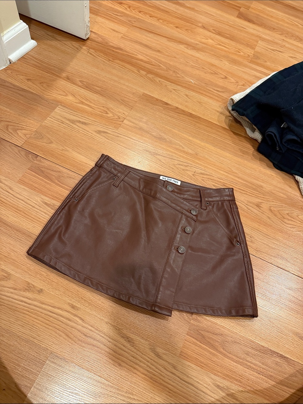 Free People Brown Faux Leather Mini Skirt with Front Button Detail